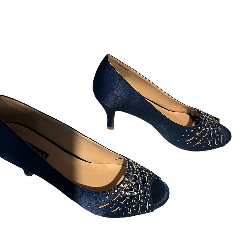 Navy Satin Peep-Toe Kitten Heels with Crystal Accent